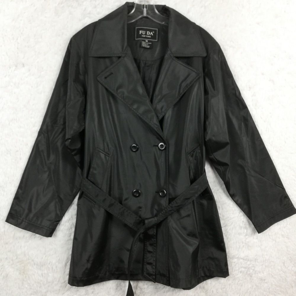 Fu Da Womens Raincoat Black‎ Belted Double Breasted Water Resistant Shiny M